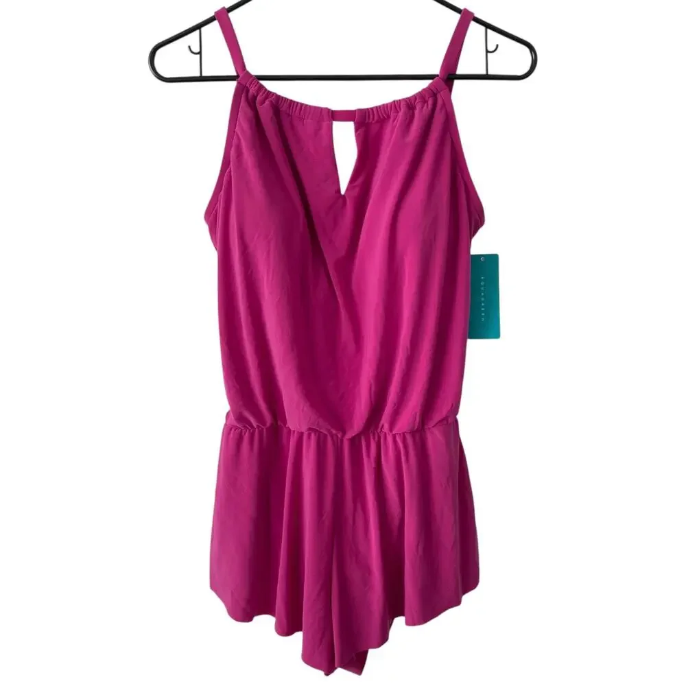 NEW AQUA GREEN Pink Keyhole Blouson Romper Swimsuit Size Small Mesh Overlay